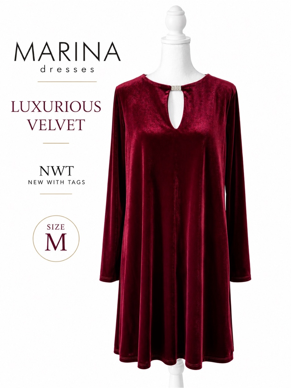 MARINA Velvet Keyhole Long-Sleeve Midi Dress — Wine NWT